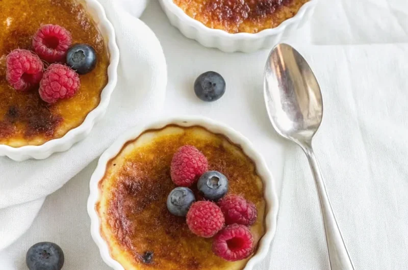 Close-up of a crème brûlée being caramelized with a culinary torch, creating a golden, crispy sugar crust