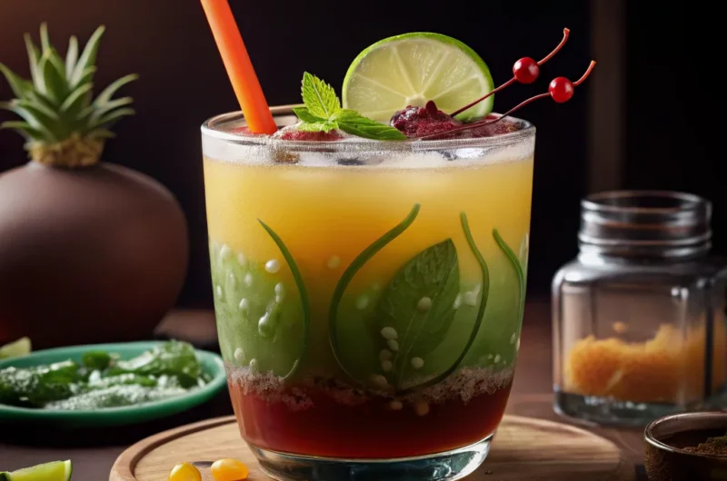 A refreshing glass of Bug Juice camp drink with ice, showcasing its vibrant color and fruity appeal.