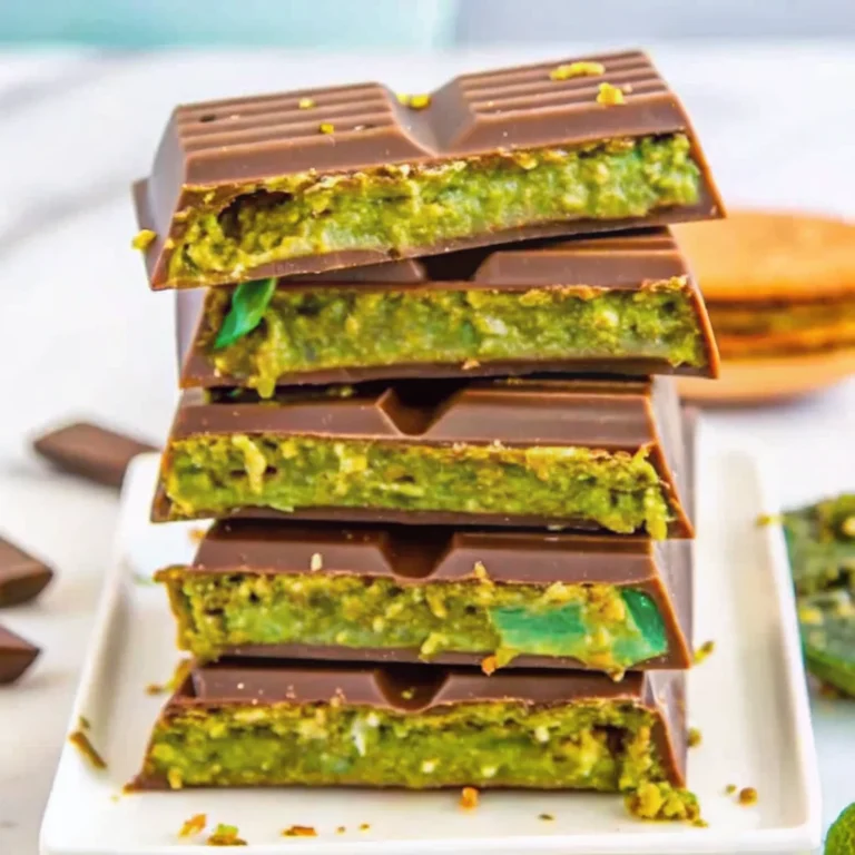 Close-up of a Dubai Chocolate Bar with pistachio filling, kataifi pastry, and a glossy chocolate coating.