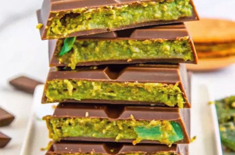 Close-up of a Dubai Chocolate Bar with pistachio filling, kataifi pastry, and a glossy chocolate coating.