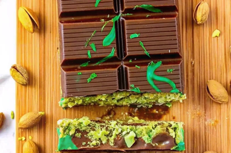 A luxurious Dubai Chocolate Bar featuring layers of rich milk and dark chocolate, crispy kataifi pastry, and creamy pistachio filling with a hint of tahini, elegantly drizzled with white chocolate.