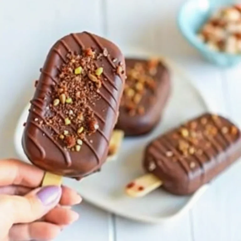 A delicious homemade Eskimo Pie popsicle coated in rich chocolate with a creamy vanilla ice cream center, garnished with chopped nuts and served on a wooden stick.