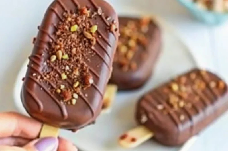 A delicious homemade Eskimo Pie popsicle coated in rich chocolate with a creamy vanilla ice cream center, garnished with chopped nuts and served on a wooden stick.
