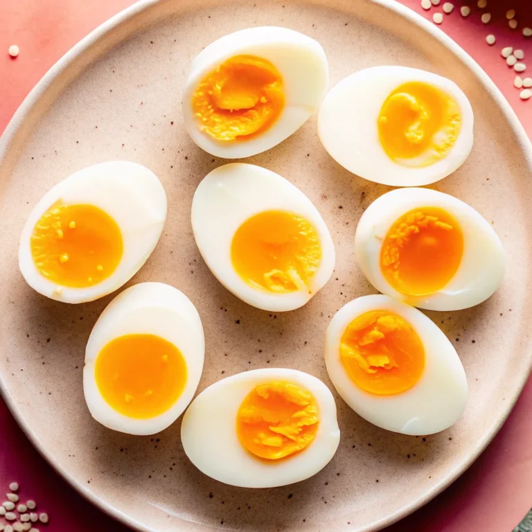 Close-up of perfectly cooked jammy eggs with soft, custardy yolks and firm whites, sliced in half and sprinkled with salt and pepper.