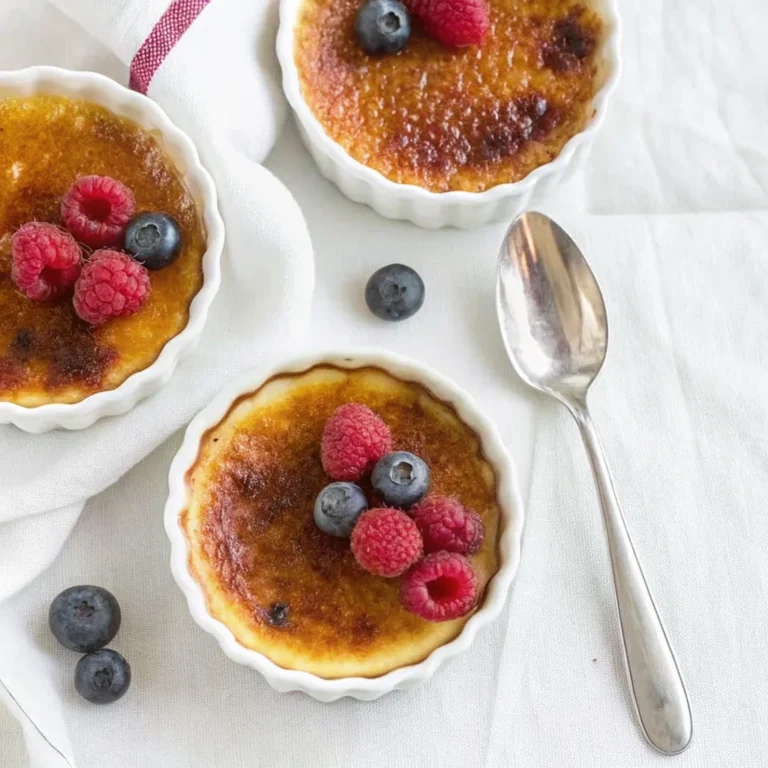 A freshly made crème brûlée with a golden caramelized sugar topping, served in a classic ramekin with a spoon ready to crack the crisp layer.