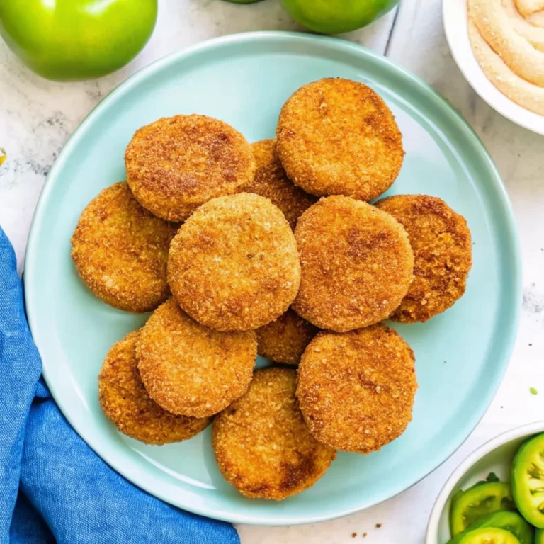 Golden crispy fried green tomatoes with dipping sauce on a rustic plate, a classic Southern appetizer.