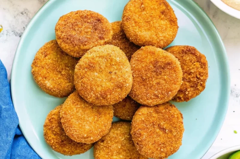 Golden crispy fried green tomatoes with dipping sauce on a rustic plate, a classic Southern appetizer.