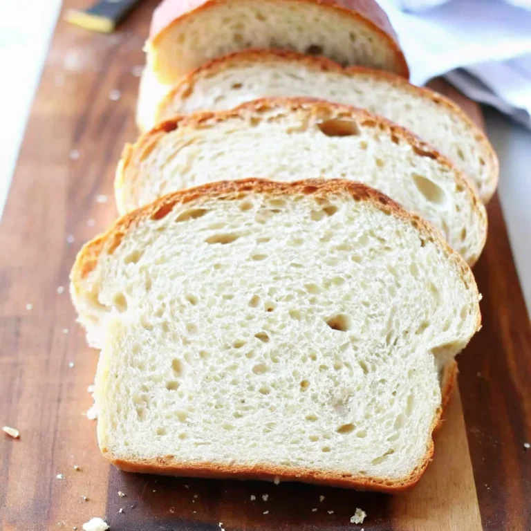 A freshly baked loaf of homemade sandwich bread with a golden-brown crust, resting on a wooden cutting board with a few slices cut to reveal its soft texture.