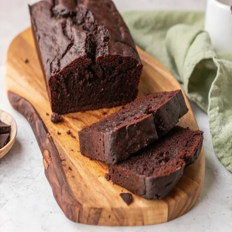 A freshly baked chocolate pound cake with a deep, rich chocolate color and a moist, tender crumb, topped with a smooth chocolate ganache.