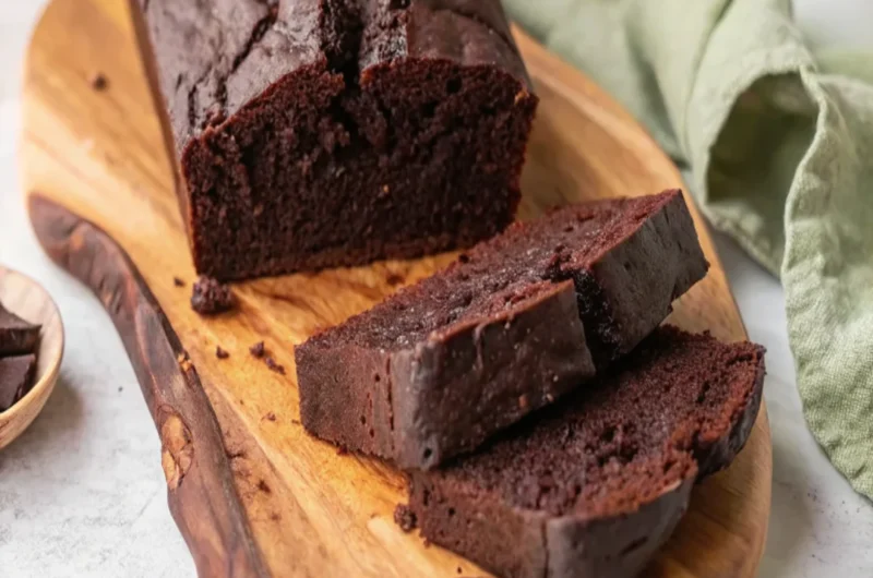 A freshly baked chocolate pound cake with a deep, rich chocolate color and a moist, tender crumb, topped with a smooth chocolate ganache.