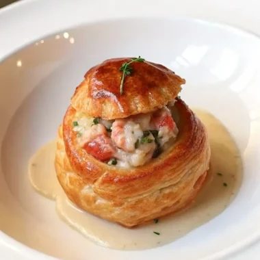 A plate of Lobster Newburg served with creamy sauce, garnished with herbs and accompanied by toast points.