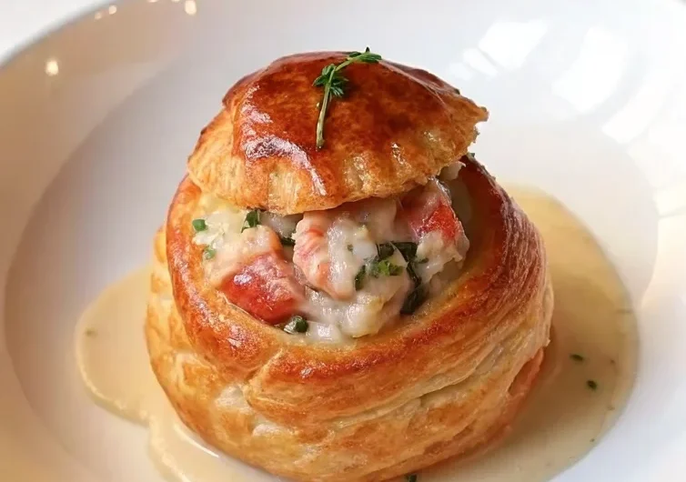 A plate of Lobster Newburg served with creamy sauce, garnished with herbs and accompanied by toast points.