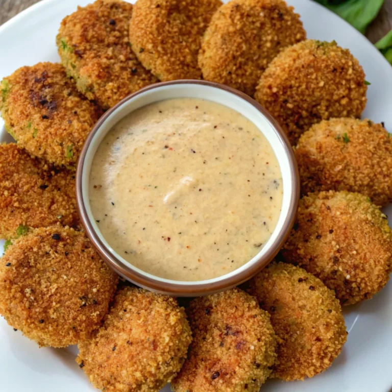 Crispy, golden-brown fried green tomatoes served on a plate with a side of creamy dipping sauce.
