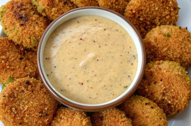 Crispy, golden-brown fried green tomatoes served on a plate with a side of creamy dipping sauce.