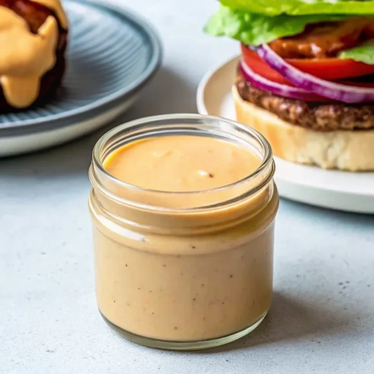 A creamy homemade burger sauce in a small bowl, surrounded by fresh ingredients like mayonnaise, ketchup, mustard, and pickles. Perfect for burgers, sandwiches, and dipping.