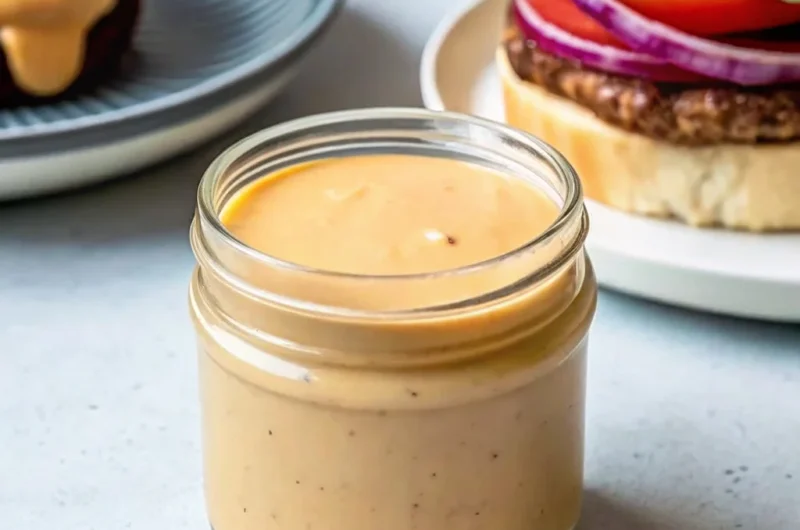 A creamy homemade burger sauce in a small bowl, surrounded by fresh ingredients like mayonnaise, ketchup, mustard, and pickles. Perfect for burgers, sandwiches, and dipping.