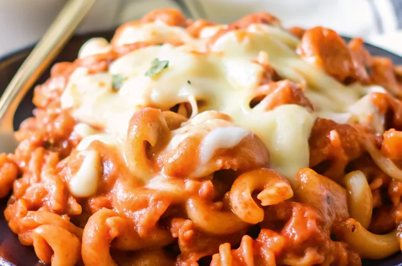 A delicious, cheesy cavatini dish featuring layers of pasta, savory meats, rich tomato sauce, and melted mozzarella and Parmesan cheese.