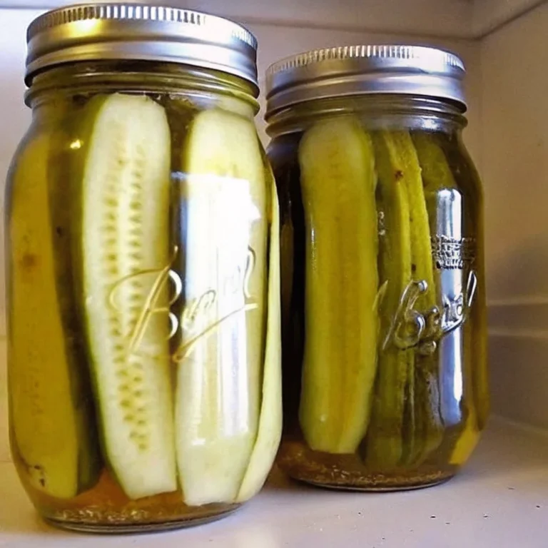 A jar of homemade Claussen pickles with vibrant green cucumbers, fresh dill, garlic cloves, and a tangy brine, showcasing the perfect crunchy texture of the pickles.