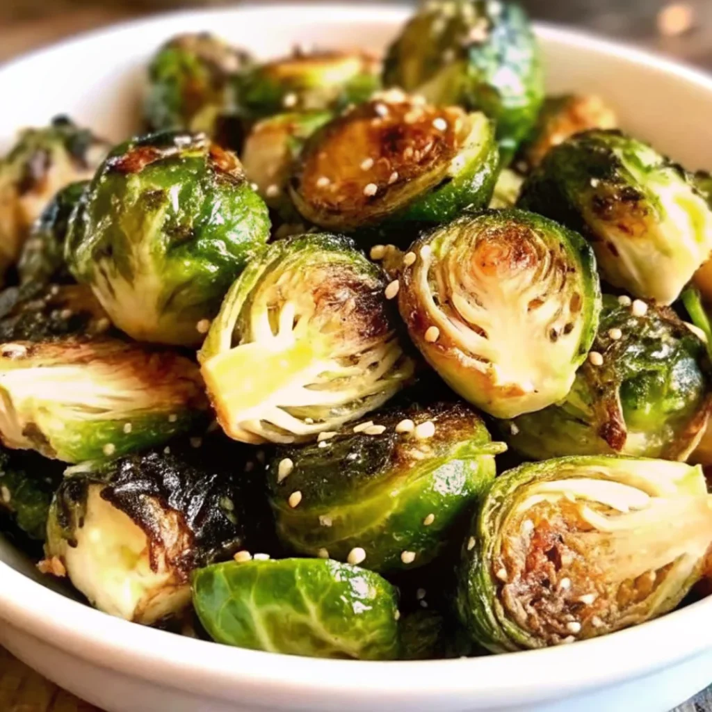 Crispy Parmesan-crusted roasted Brussels sprouts, golden and perfectly caramelized, served as a side dish.