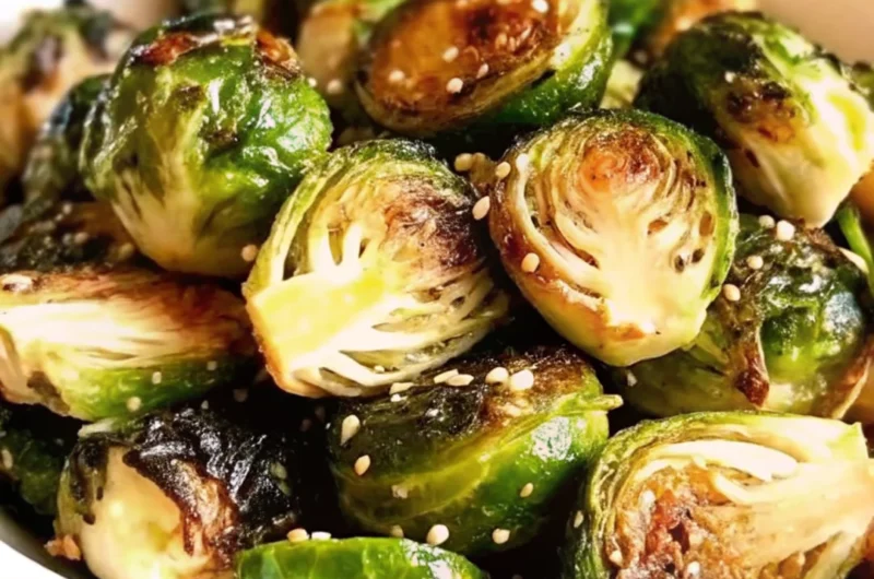 Crispy Parmesan-crusted roasted Brussels sprouts, golden and perfectly caramelized, served as a side dish.