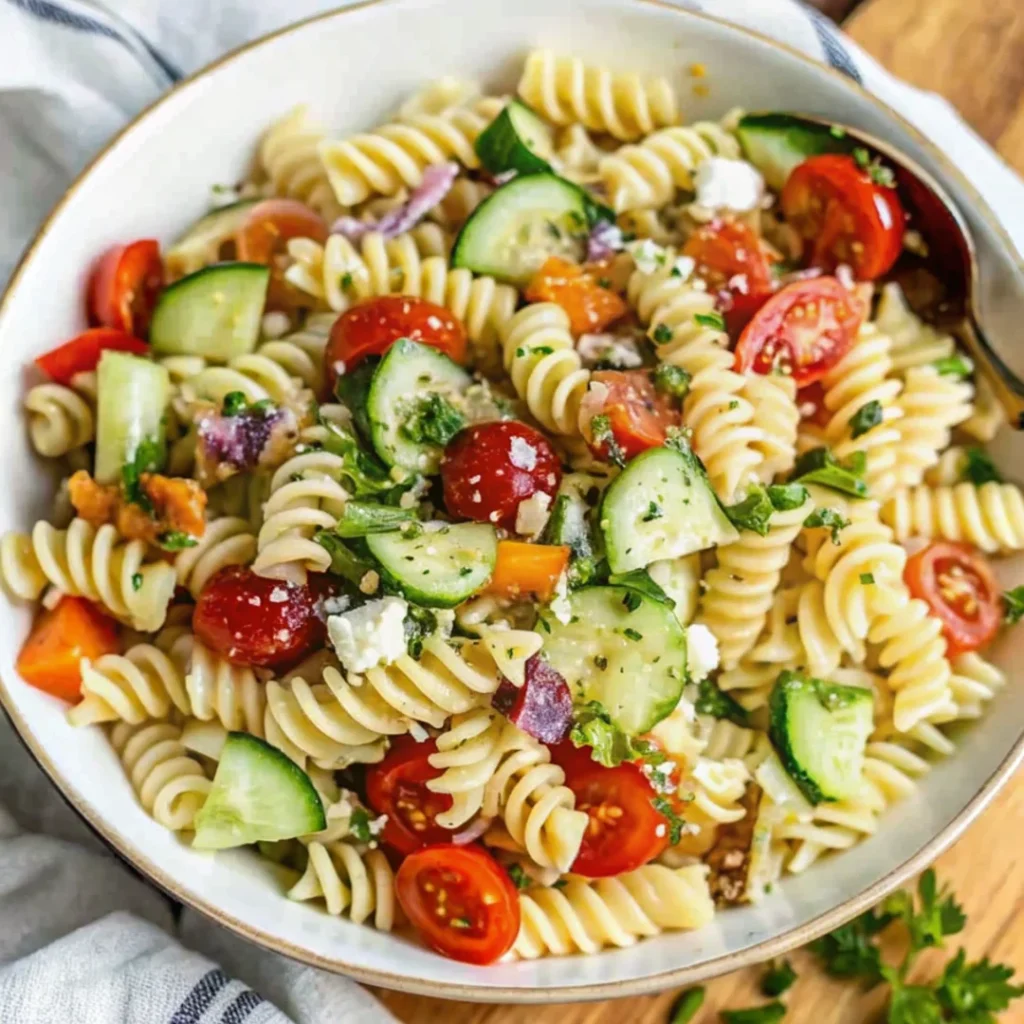 Easy cold pasta salad with fresh vegetables and feta cheese, perfect for summer meals.