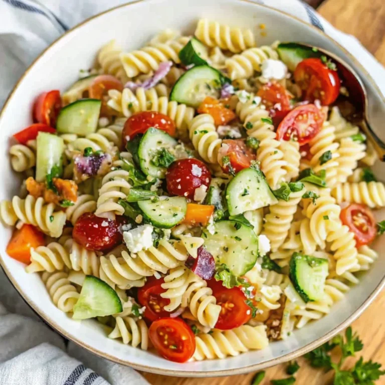 Easy cold pasta salad with fresh vegetables and feta cheese, perfect for summer meals.