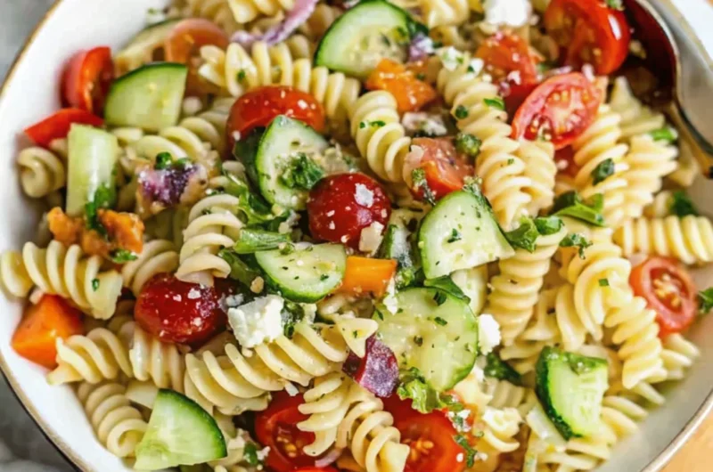 Easy cold pasta salad with fresh vegetables and feta cheese, perfect for summer meals.
