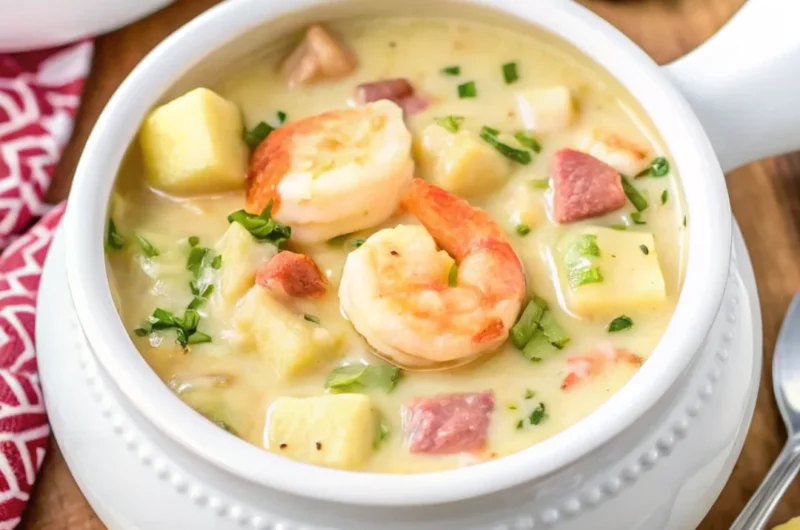 Easy seafood chowder made with shrimp, fish, and clams in a creamy broth.