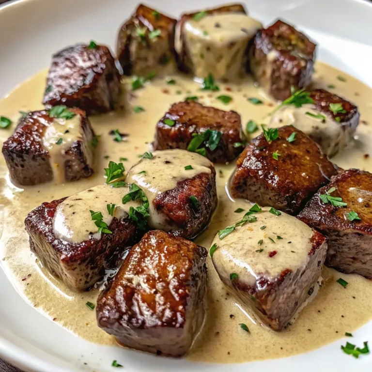 Garlic butter steak bites with parmesan cream sauce served on a plate