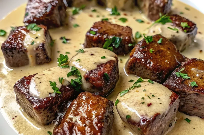 Garlic butter steak bites with parmesan cream sauce served on a plate