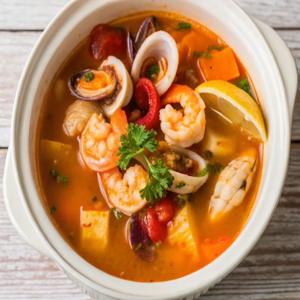 Mexican seafood soup with shrimp, fish, and clams in a flavorful broth.