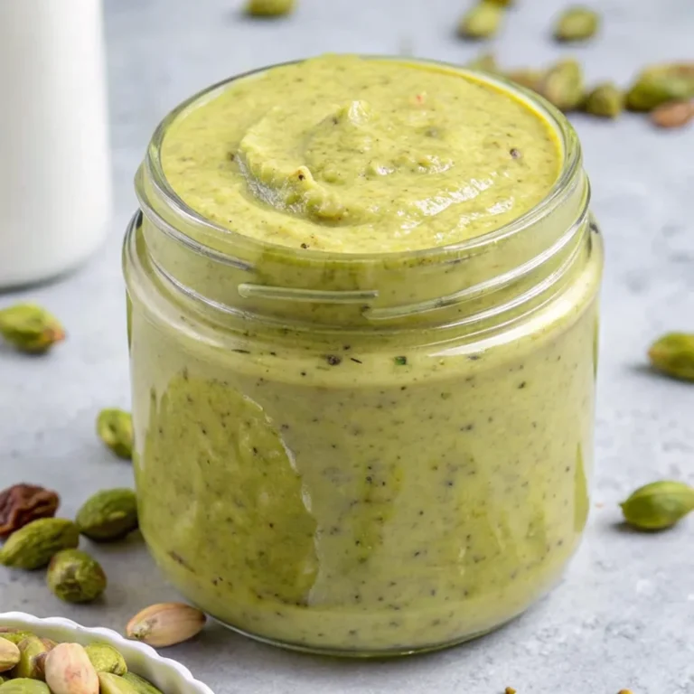 A jar of homemade pistachio cream, smooth and creamy, ready to be used as a spread or dessert topping.