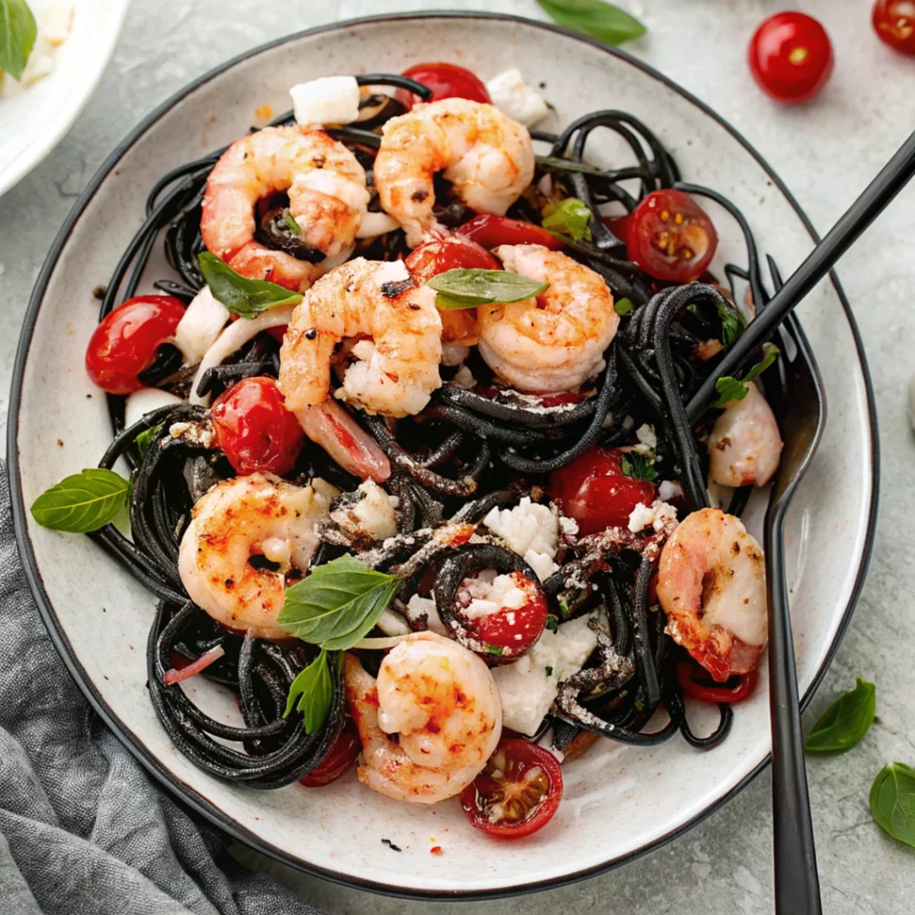 Squid ink seafood pasta with shrimp, squid, and mussels served in a creamy, savory sauce