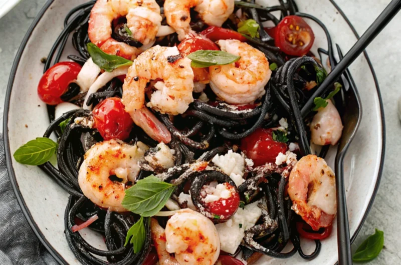 Squid ink seafood pasta with shrimp, squid, and mussels served in a creamy, savory sauce
