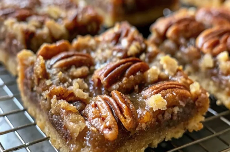 Lazy Girl Pecan Pie Bars served on a plate with a golden, crunchy crust and a rich, gooey topping.