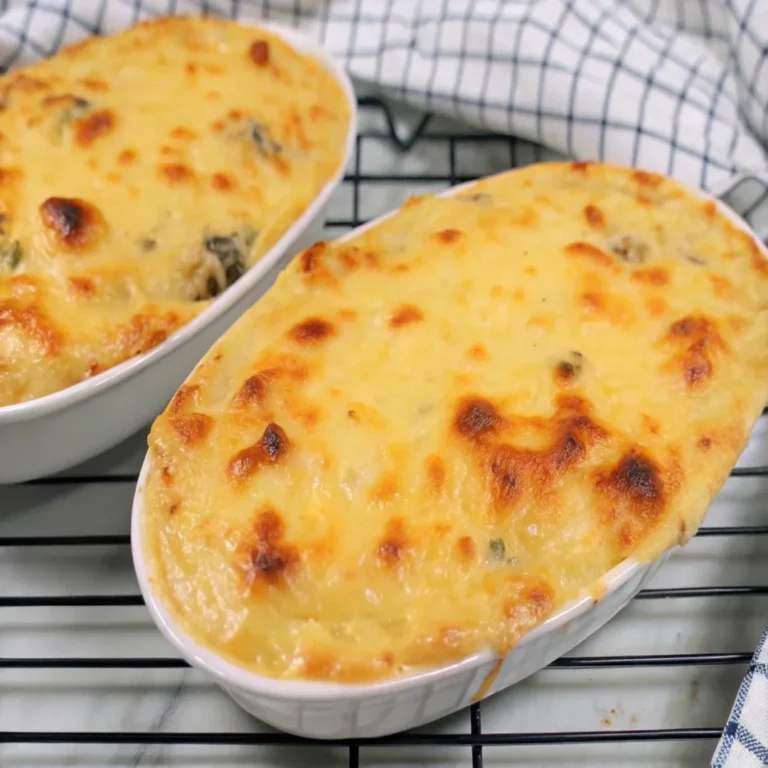 Delicious seafood casserole with shrimp, scallops, and crab topped with breadcrumbs and melted cheese.
