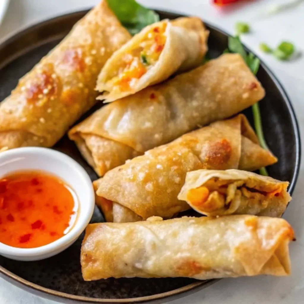 Crispy seafood egg rolls filled with shrimp, crab, and fresh vegetables, perfect for a savory appetizer.