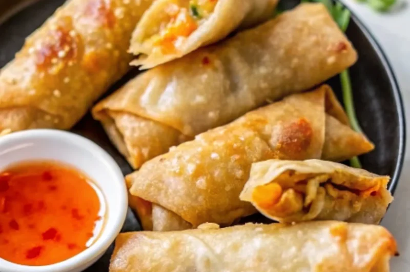Crispy seafood egg rolls filled with shrimp, crab, and fresh vegetables, perfect for a savory appetizer.
