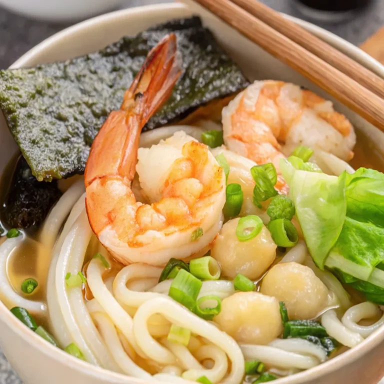 Seafood ramen recipe with shrimp, scallops, fish, and squid in savory broth.