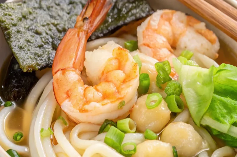 Seafood ramen recipe with shrimp, scallops, fish, and squid in savory broth.