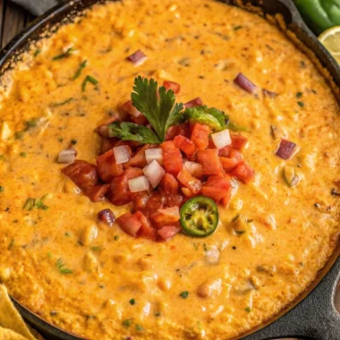 Smoked queso dip served in a skillet with melted cheese, sausage, and jalapeños, perfect for a party appetizer.