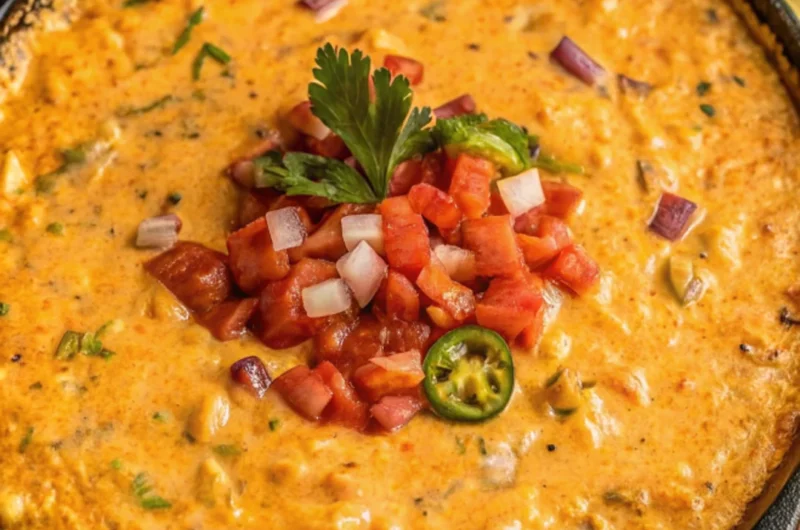 Smoked queso dip served in a skillet with melted cheese, sausage, and jalapeños, perfect for a party appetizer.