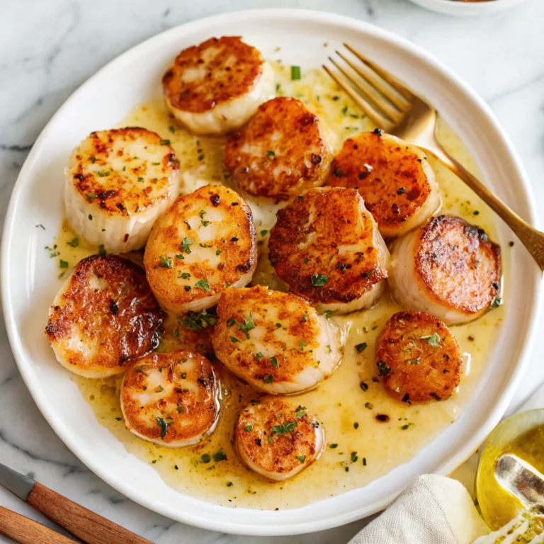 Perfect lemon butter scallops with golden sear served in a rich sauce on white plate with fresh herbs and gold fork.