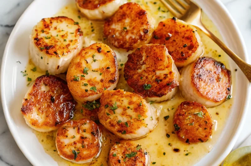 Perfect lemon butter scallops with golden sear served in a rich sauce on white plate with fresh herbs and gold fork.