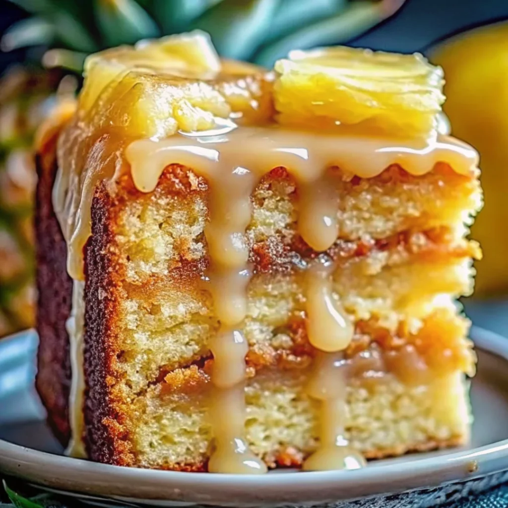 Moist slice of homemade Pineapple Heaven Cake with golden layers, dripping pineapple glaze, and fresh pineapple topping on a white plate.