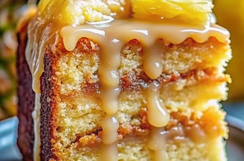 Moist slice of homemade Pineapple Heaven Cake with golden layers, dripping pineapple glaze, and fresh pineapple topping on a white plate.