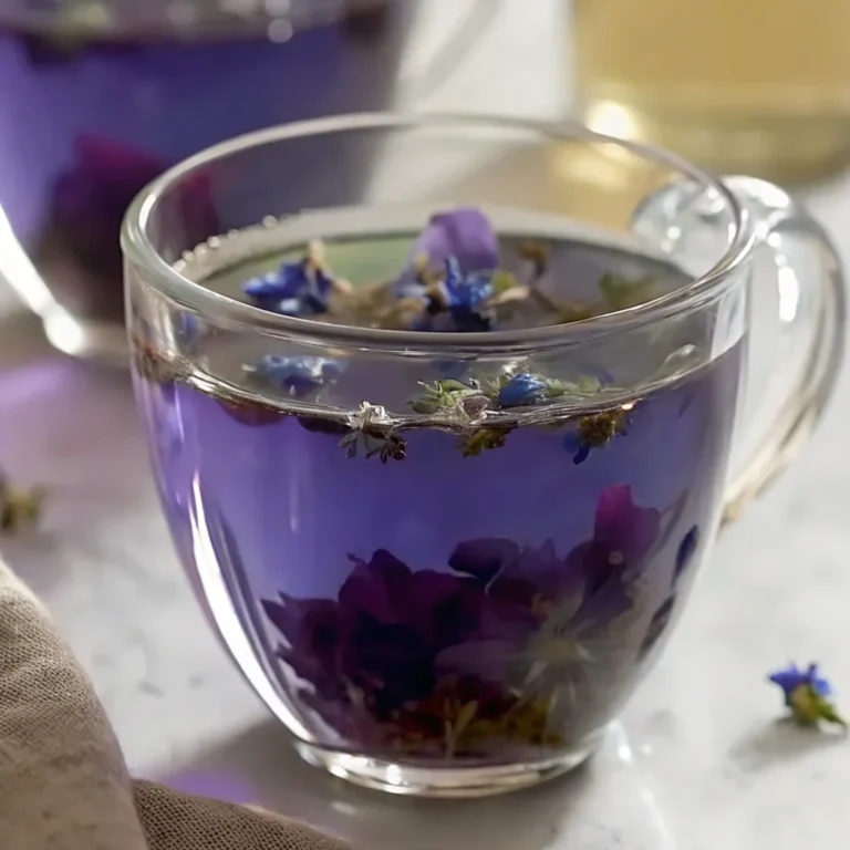 A clear glass cup filled with vibrant blue butterfly pea flower tea and floating edible flowers.