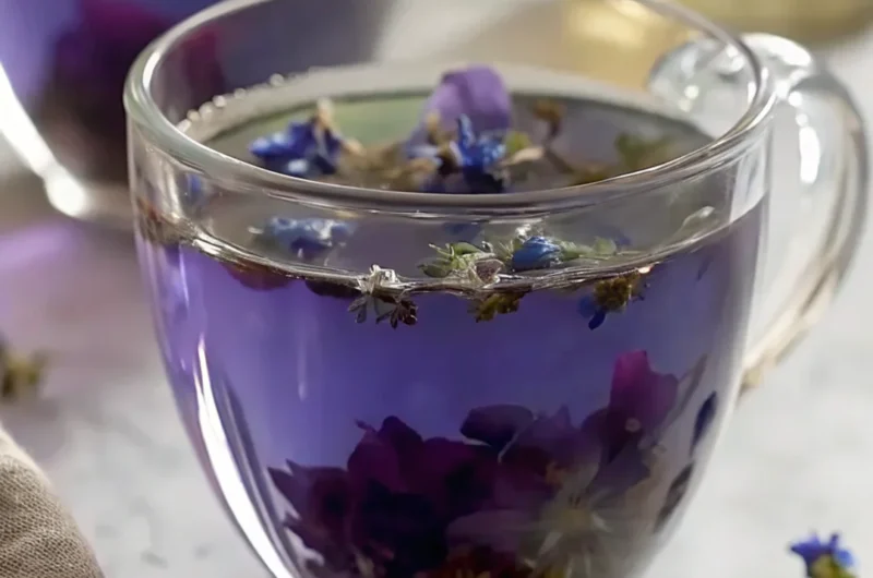 A clear glass cup filled with vibrant blue butterfly pea flower tea and floating edible flowers.