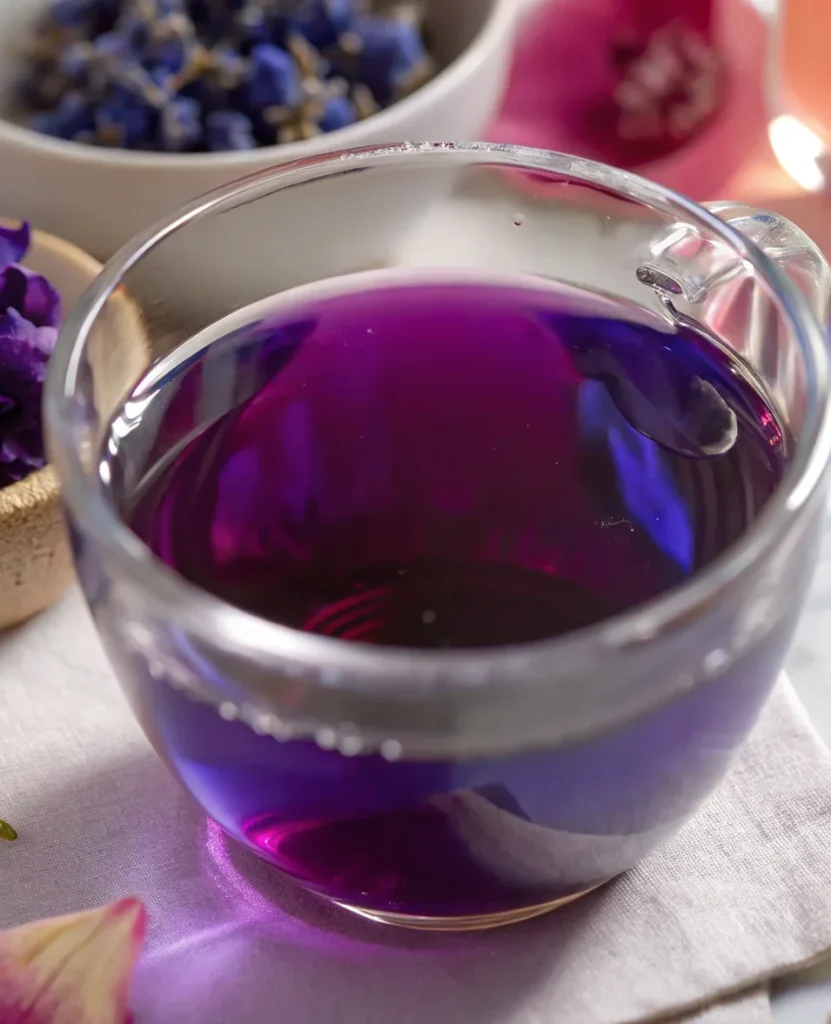 A clear glass cup filled with vibrant blue butterfly pea flower tea and floating edible flowers.