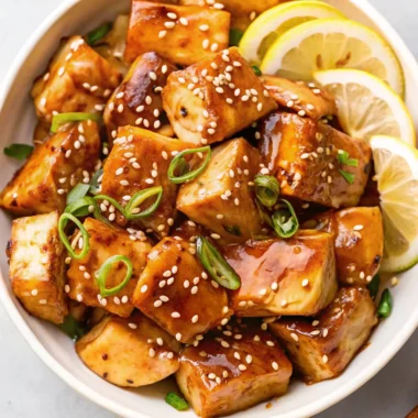 Glazed Salmon Bites garnished with sesame seeds and green onions, served with lemon slices—an easy but delicious dinner and a good fish dish.